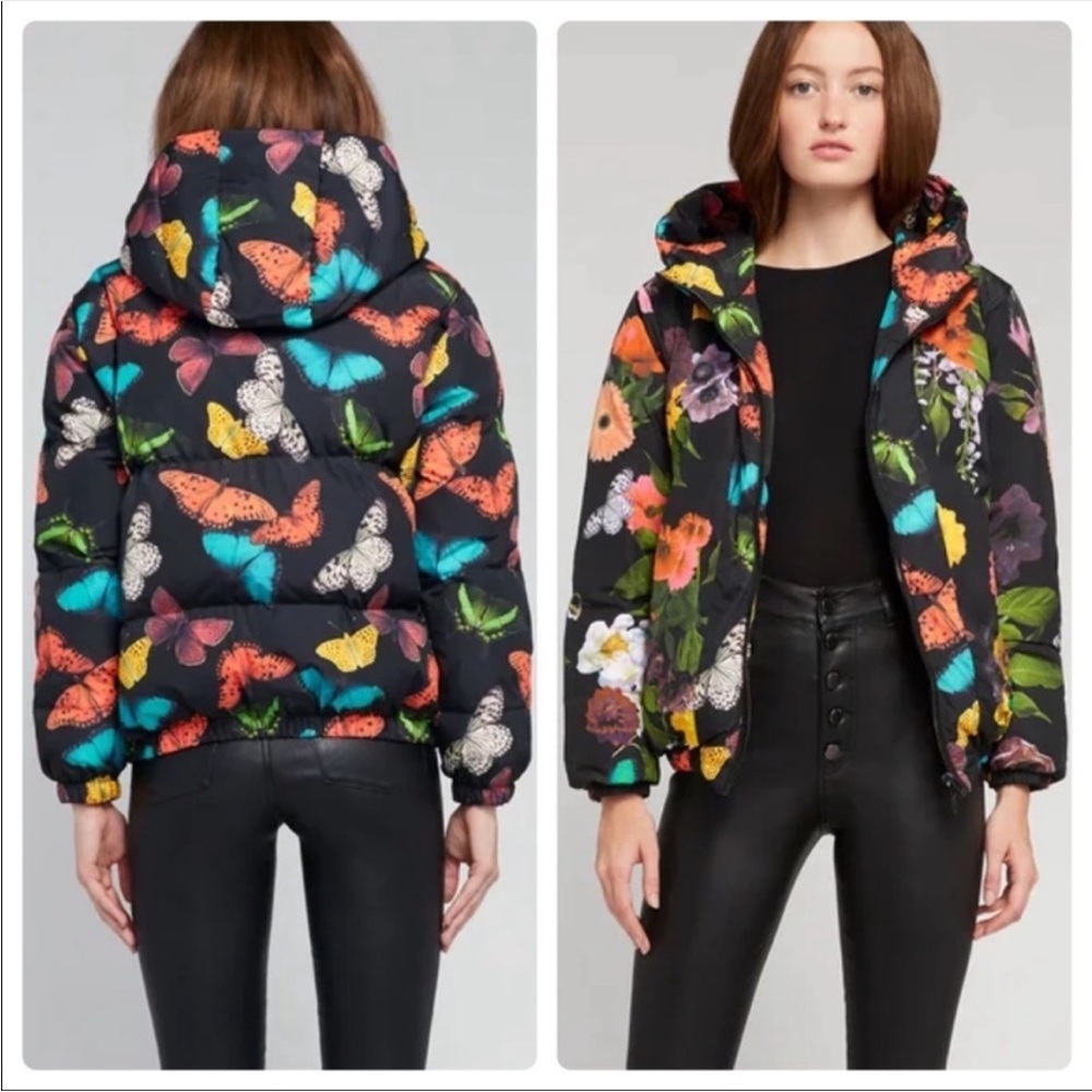 Alice + Olivia Colorful Butterfly and Floral Puffer Jacket